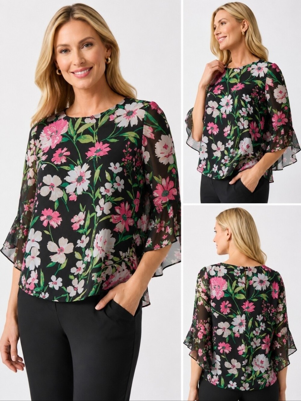 Kasper Petite Floral Bell Sleeve Blouse Black Multi NWT Size S